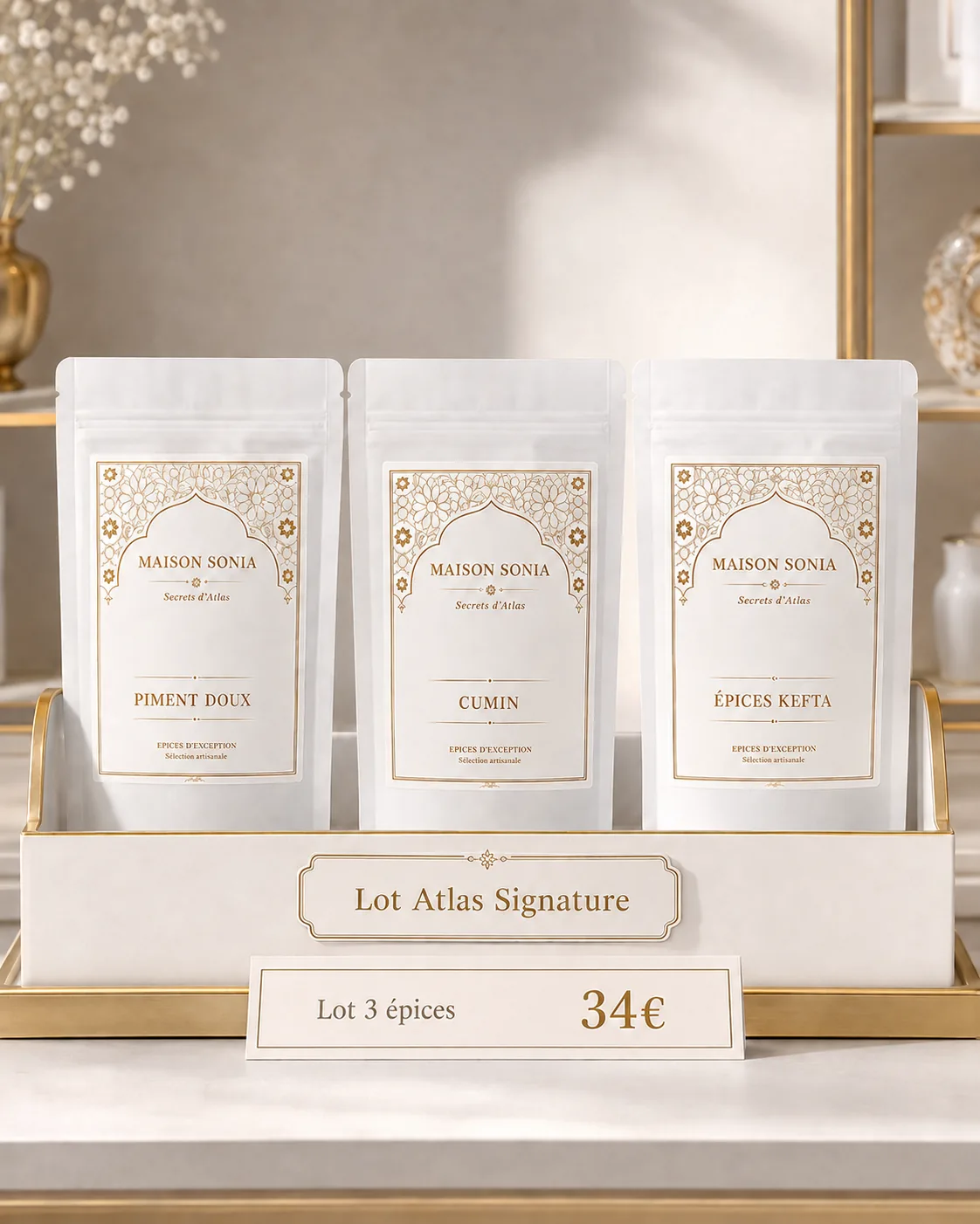 Lot Atlas Signature Maison Sonia, trois épices en présentoir