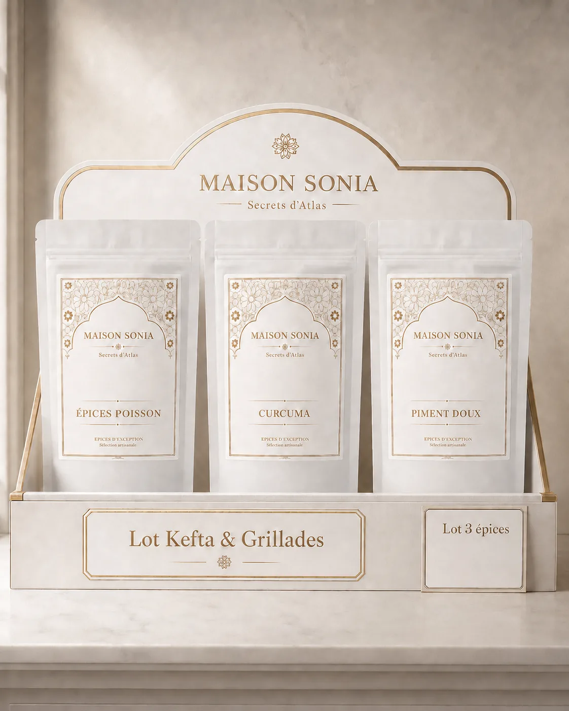 Lot Kefta & Grillades Maison Sonia, trois épices en présentoir