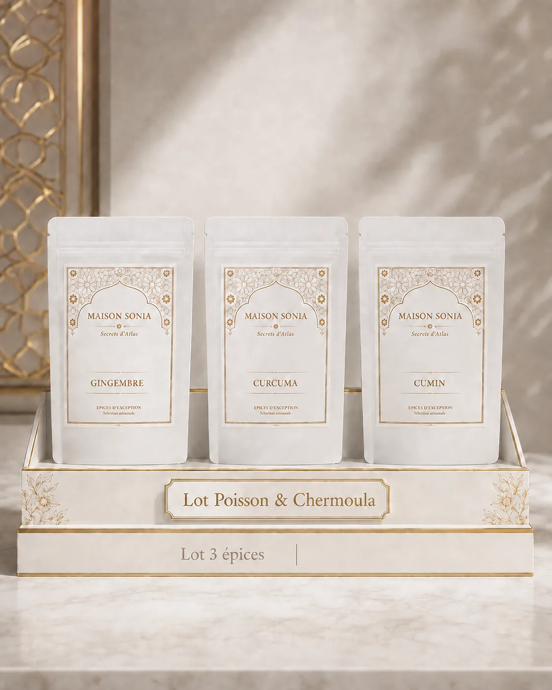 Lot Poisson & Chermoula Maison Sonia, trois épices en présentoir