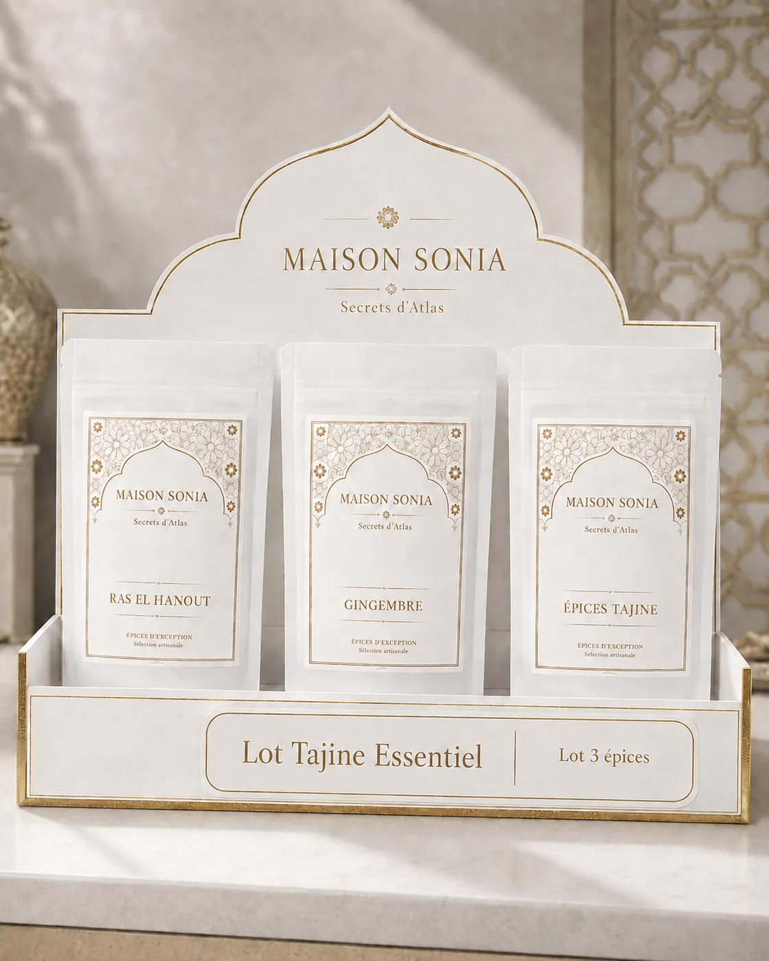 Lot Tajine Essentiel Maison Sonia, trois épices en présentoir