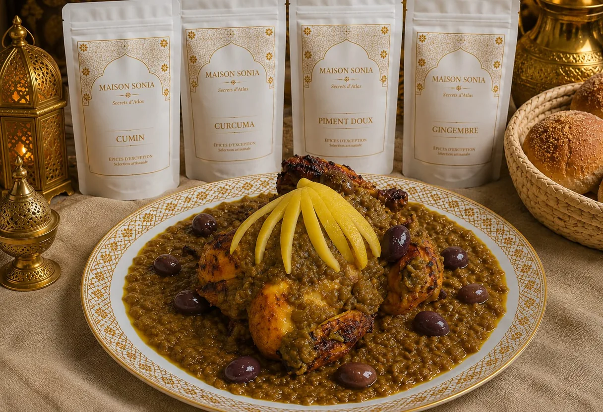 Poulet Mhamar doré aux épices Maison Sonia, sauce aux oignons caramélisés, citron confit et olives violettes, sur un plat marocain