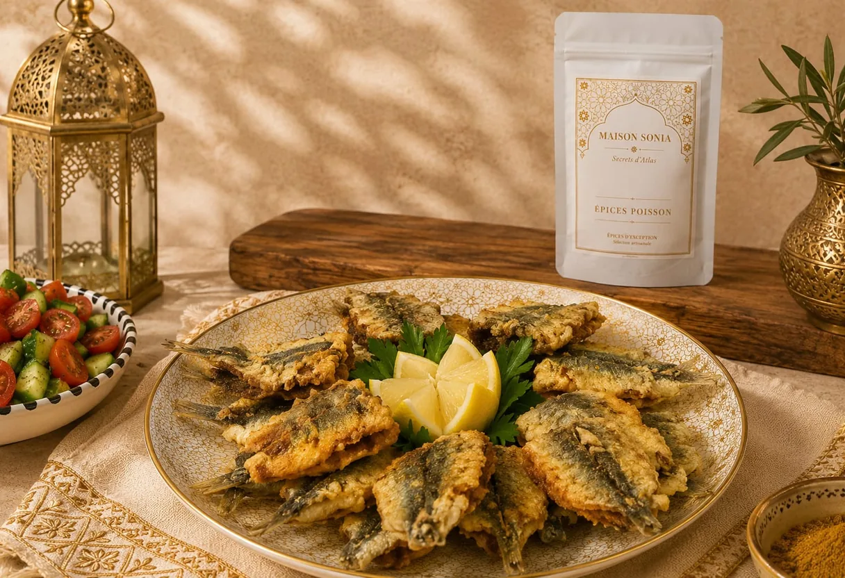 Sardines frites à la chermoula, croûte dorée, servies avec quartiers de citron et persil, sachet Épices Poisson Maison Sonia