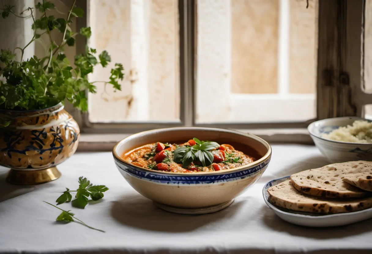 Zaalouk d'aubergines marocain, compotée d'aubergines et de tomates au cumin et au piment doux, servie avec du pain