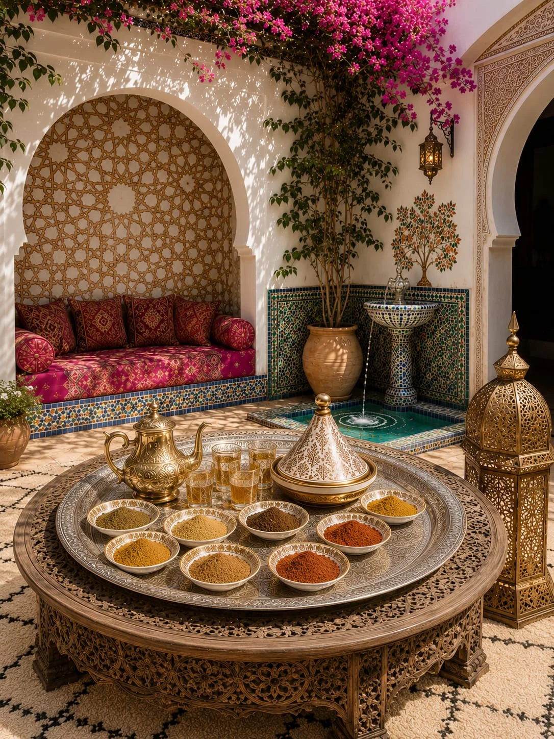 Table marocaine dressée avec des coupelles d’épices